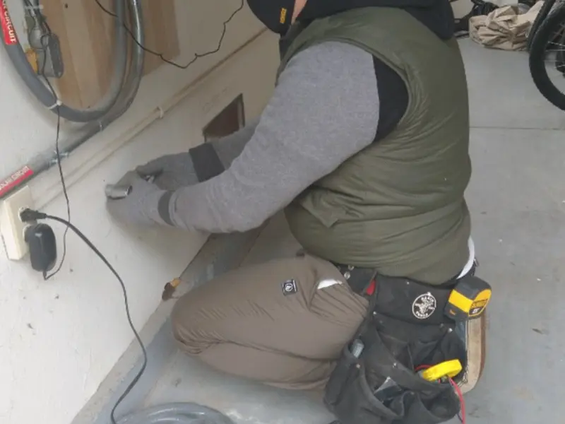 Electrician performing outlet wiring in a Cutler garage